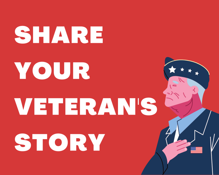 Share Your Veteran's Story graphic button showing a veteran with his hand posed over his heart